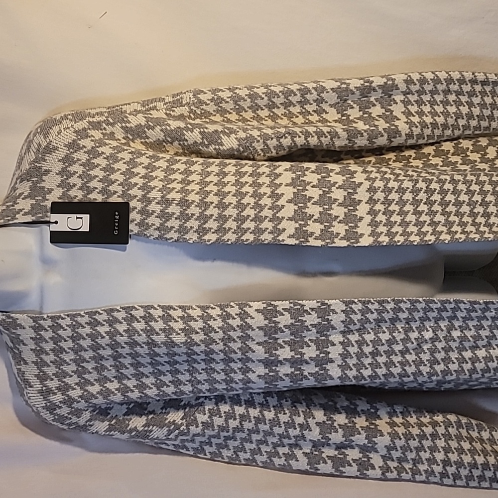 Greige Houndstooth Open Front Knit Cardigan Long -Neutral - Sz Small.